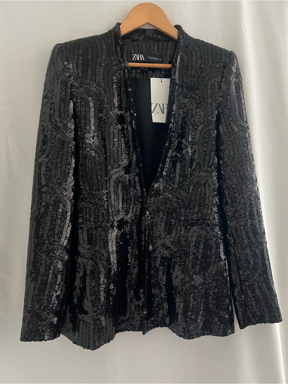NEW Zara lapelless Sequined Blazer Jacket black medium